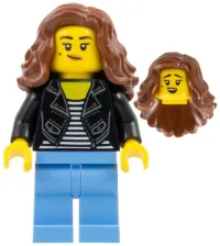 LEGO Woman - Black Jacket over Striped Shirt, Medium Blue Legs, Reddish Brown Long Hair minifigure
