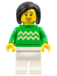 LEGO Woman - Bright Green Sweater with Bright Light Yellow Zigzag Lines, White Legs, Black Hair minifigure