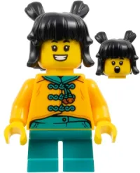 LEGO Child - Girl, Bright Light Orange Tang Jacket, Dark Turquoise Short Legs, Black Hair with Buns minifigure