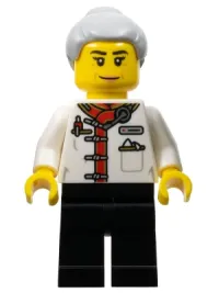LEGO Restaurant Worker - Female, White Uniform Jacket, Black Legs, Light Bluish Gray Hair with Top Knot Bun minifigure