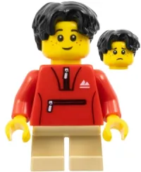 LEGO Child - Boy, Red Tracksuit Jacket, Tan Short Legs, Black Hair minifigure