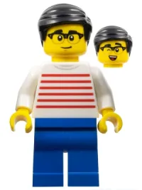 LEGO Man - White Sweater with Red Horizontal Stripes, Blue Legs, Black Hair, Glasses minifigure