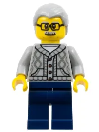 LEGO Man - Light Bluish Gray Knit Cable Cardigan Sweater, Dark Blue Legs, Light Bluish Gray Hair, Glasses minifigure