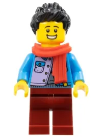 LEGO Man - Dark Azure Jacket over Silver Shirt, Dark Red Legs, Black Hair, Red Scarf minifigure