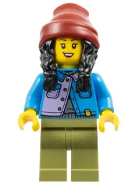 LEGO Woman - Dark Azure Jacket over Silver Shirt, Olive Green Legs, Black Hair, Dark Red Beanie minifigure