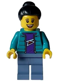 LEGO Woman - Dark Turquoise Jacket over Dark Purple Shirt, Sand Blue Legs, Black Hair Top Knot Bun minifigure