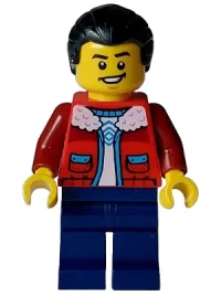 LEGO Man - Red Jacket with White Fleece Collar, Dark Blue Legs, Black Hair Ponytail minifigure