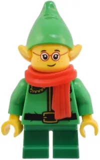 LEGO Elf - Dark Green Collar and Gold Horn, Red Scarf, Glasses minifigure