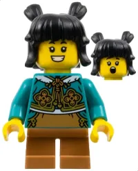 LEGO Child - Girl, Dark Turquoise Cheongsam Bolero Shrug, Medium Nougat Short Legs, Black Hair with Buns minifigure