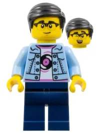 LEGO Man - Bright Light Blue Jacket, White Shirt with Record, Dark Blue Legs, Black Hair, Glasses minifigure