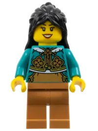 LEGO Woman, Black Long Hair, Dark Turquoise Cheongsam Bolero Shrug, Medium Nougat Legs minifigure