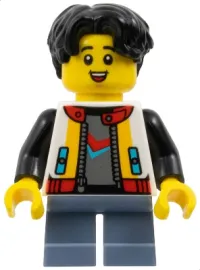 LEGO Child - Boy, White Jacket with Black Sleeves, Sand Blue Short Legs, Black Hair minifigure