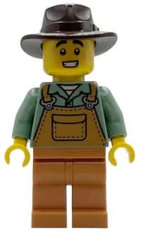 LEGO Farmer - Male, Medium Nougat Overalls over Sand Green Shirt, Medium Nougat Legs, Dark Brown Fedora, Sweat minifigure