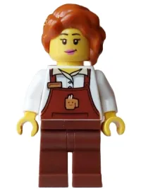 LEGO Barista Hot Chocolate Stand - Female, Reddish Brown Apron with Cup and Name Tag, Reddish Brown Legs,  Dark Orange Hair with Braid minifigure