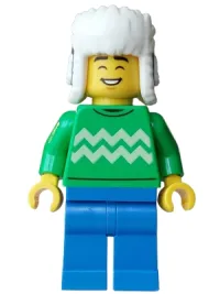 LEGO Customer Hot Chocolate Stand - Male, Bright Green Sweater with Bright Light Yellow Zigzag Lines, Blue Legs, Dark Blue Ushanka Hat minifigure