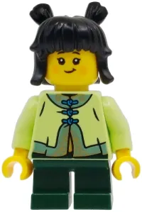 LEGO Child - Girl, Yellowish Green Tang Jacket, Dark Green Short Legs, Black Hair with Buns minifigure