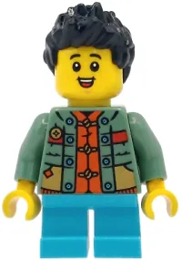 LEGO Child - Boy, Sand Green Sweater over Reddish Orange Tang Jacket, Medium Azure Short Legs, Black Spiked Hair minifigure