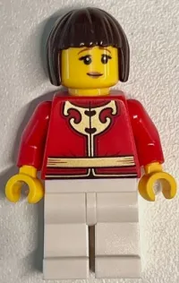 LEGO Woman - Red Tang Jacket with Gold Chinese Scrollwork, White Legs, Dark Brown Hair minifigure