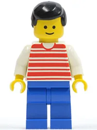 LEGO Horizontal Lines Red - White Arms - Blue Legs, Black Male Hair minifigure