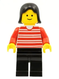 LEGO Horizontal Lines Red - Red Arms - Black Legs, Black Female Hair minifigure