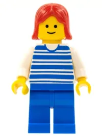 LEGO Horizontal Lines Blue - White Arms - Blue Legs, Red Female Hair minifigure