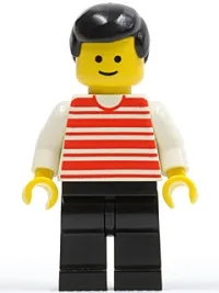 LEGO Horizontal Lines Red - White Arms - Black Legs, Black Male Hair minifigure