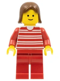 LEGO Horizontal Lines Red - Red Arms - Red Legs, Brown Female Hair minifigure