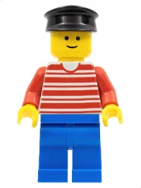 LEGO Horizontal Lines Red - Red Arms - Blue Legs, Black Hat minifigure