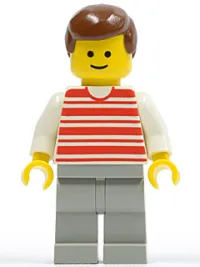 LEGO Horizontal Lines Red - White Arms - Light Gray Legs, Brown Male Hair minifigure