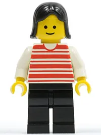 LEGO Horizontal Lines Red - White Arms - Black Legs, Black Female Hair minifigure