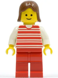 LEGO Horizontal Lines Red - White Arms - Red Legs, Brown Female Hair minifigure