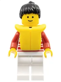 LEGO Horizontal Lines Red - Red Arms - White Legs, Black Ponytail Hair, Life Jacket minifigure