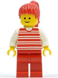 LEGO Horizontal Lines Red - White Arms - Red Legs, Red Ponytail Hair minifigure