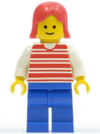 LEGO Horizontal Lines Red - White Arms - Blue Legs, Red Female Hair minifigure