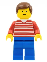LEGO Horizontal Lines Red - Red Arms - Blue Legs, Brown Male Hair minifigure