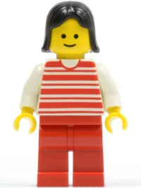LEGO Horizontal Lines Red - White Arms - Red Legs, Black Female Hair minifigure