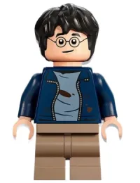 LEGO Harry Potter, Dark Blue Open Jacket with Tears and Blood Stains, Dark Tan Medium Legs, Smile / Open Mouth with Teeth minifigure