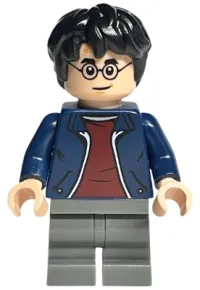 LEGO Harry Potter, Dark Blue Open Jacket, Dark Red Shirt, Dark Bluish Gray Medium Legs minifigure