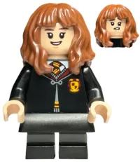 LEGO Hermione Granger - Gryffindor Robe Clasped, Black Skirt, Black Short Legs with Dark Bluish Gray Stripes, Open Mouth Smile / Confused minifigure