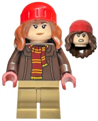LEGO Hermione Granger - Reddish Brown Jacket with Dark Red Scarf, Dark Tan Medium Legs, Reddish Brown Hair with Red Beanie minifigure