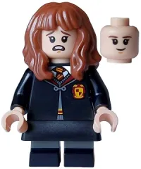 LEGO Hermione Granger - Gryffindor Robe Clasped, Black Skirt, Black Short Legs with Dark Bluish Gray Stripes, Open Mouth Scared / Closed Mouth Grin minifigure