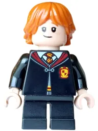 LEGO Ron Weasley - Gryffindor Robe Clasped, Sweater, Shirt and Tie, Black Short Legs, Lopsided Grin / Scared Open Mouth, Cheek Lines minifigure