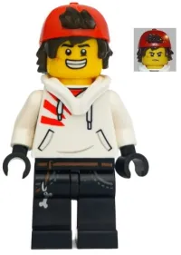 LEGO Jack Davids - White Hoodie with Backwards Cap and Hood Folded Down (Large Smile / Grumpy) minifigure