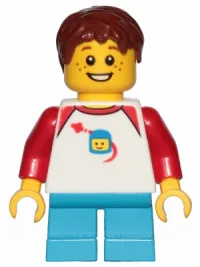 LEGO Boy, Freckles, Classic Space Shirt with Red Sleeves, Dark Azure Short Legs, Reddish Brown Hair Short Tousled with Side Part minifigure