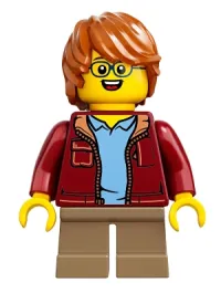 LEGO Child Boy, Dark Red Jacket with Bright Light Blue Shirt, Dark Tan Short Legs, Dark Orange Tousled Hair, Glasses minifigure