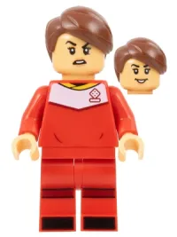 LEGO Soccer Player, Female, Red Uniform, Medium Tan Skin, Reddish Brown Smooth Parted Hair minifigure