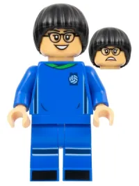 LEGO Soccer Player, Female, Blue Uniform, Medium Tan Skin, Black Bowl Cut, Glasses minifigure