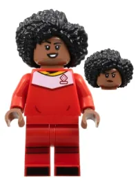 LEGO Soccer Player, Female, Red Uniform, Medium Brown Skin, Black Bushy Hair minifigure