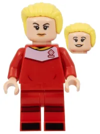 LEGO Soccer Player, Female, Red Uniform, Light Nougat Skin, Bright Light Yellow Hair Swept Back minifigure