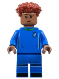 LEGO Soccer Player, Female, Blue Uniform, Medium Brown Skin, Dark Red Hair minifigure